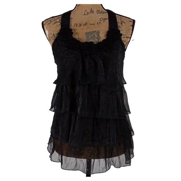 Womens Top Black Sheer Ruffle Tiered Scoop Neck Halter Blouse - Picture 3 of 4